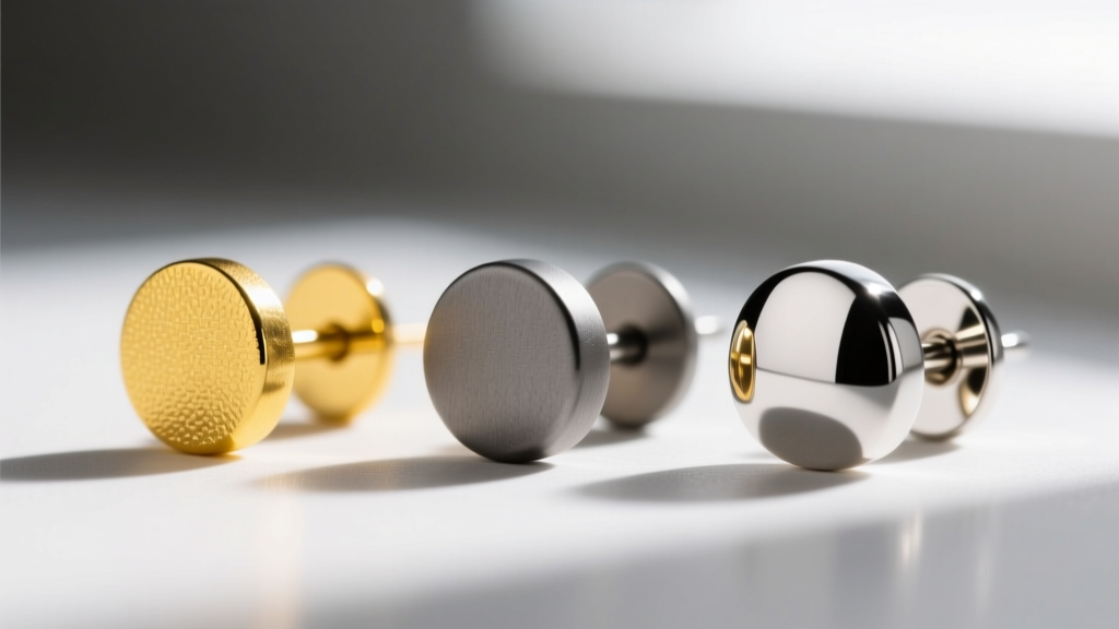 Macro shot of three earring posts: yellow 14k gold, matte grey niobium, and mirror-finish titanium, aligned side by side.