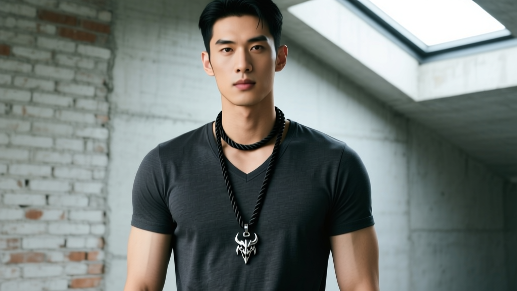 Male model wearing a 22-inch black rope chain with a small steel Berserk pendant layered over a dark charcoal v-neck t-shirt.