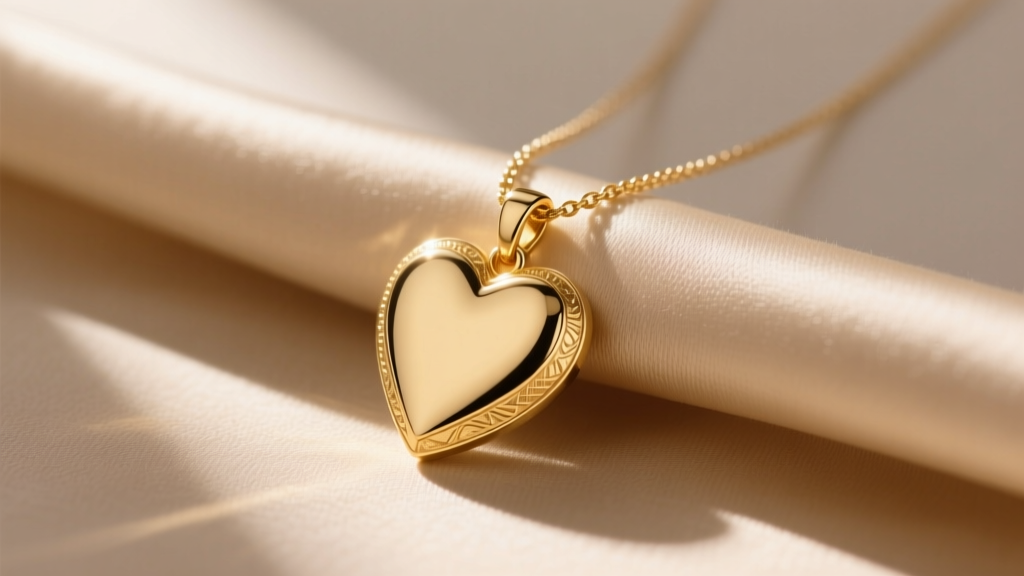 14k gold elongated heart pendant on a delicate cable chain, resting on soft beige silk, illuminated by warm directional sunlight