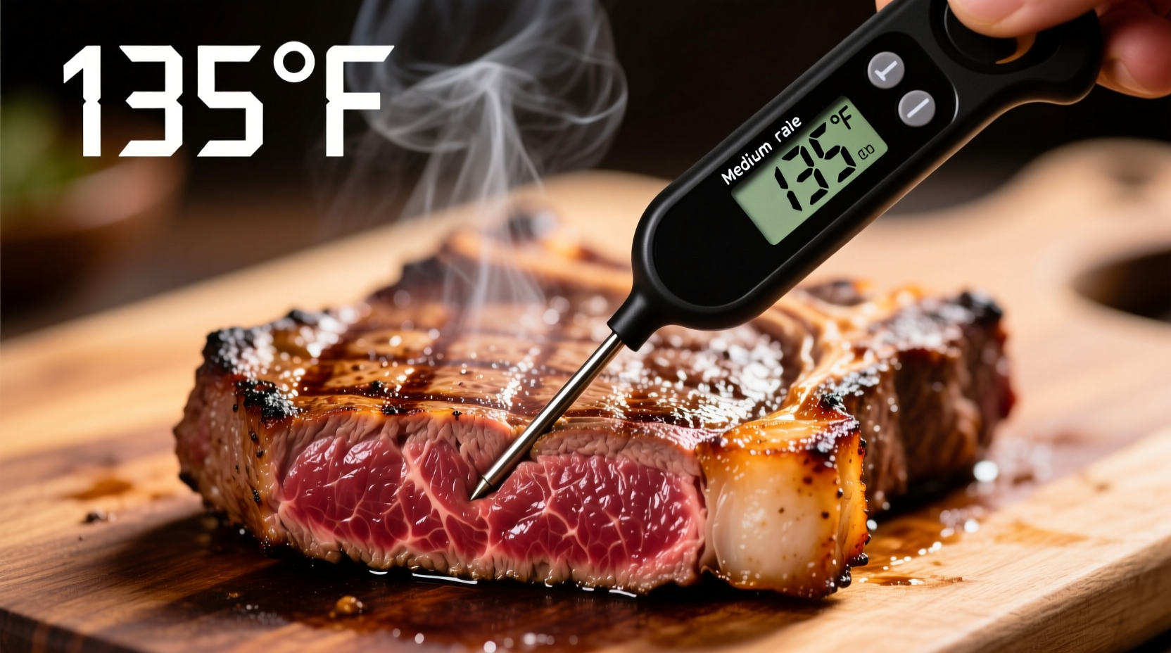 Digital meat thermometer showing 135 degrees in a medium rare steak