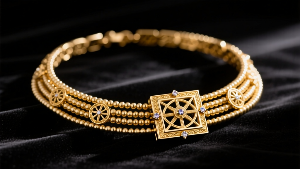 Close-up of an ornate multi-strand gold collar necklace on black velvet, showcasing intricate beadwork and a heavy box clasp.
