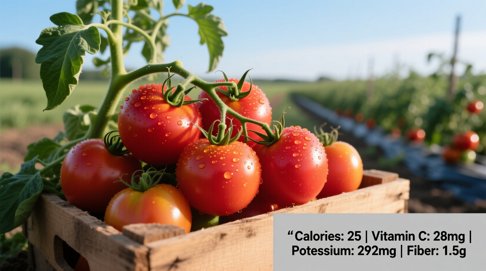 Fresh tomatoes on vine with nutritional facts