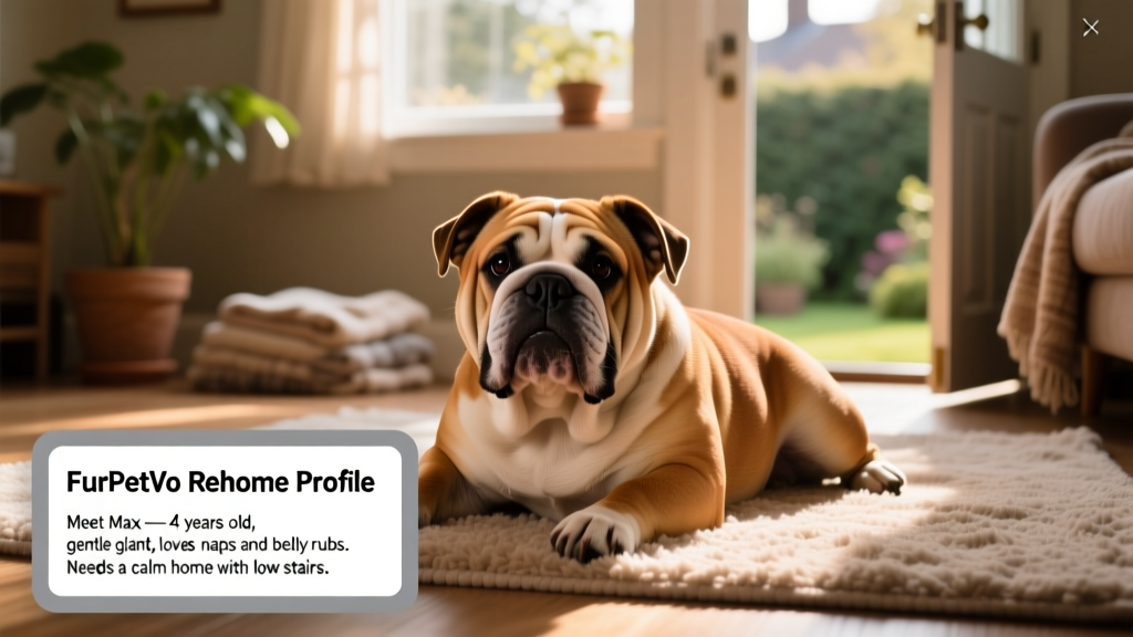 Screenshot-style image showing a FurPetVo rehoming profile page with photos and bio of an English Bulldog