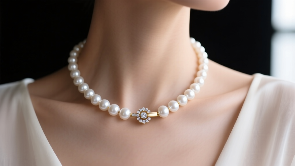 Elegant close-up of a woman wearing a 7.5mm white Akoya pearl necklace with a diamond-studded 18k white gold clasp against a dark velvet background