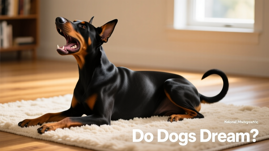 A Doberman mid-bark in sleep, head raised slightly, tail curled, on a soft rug