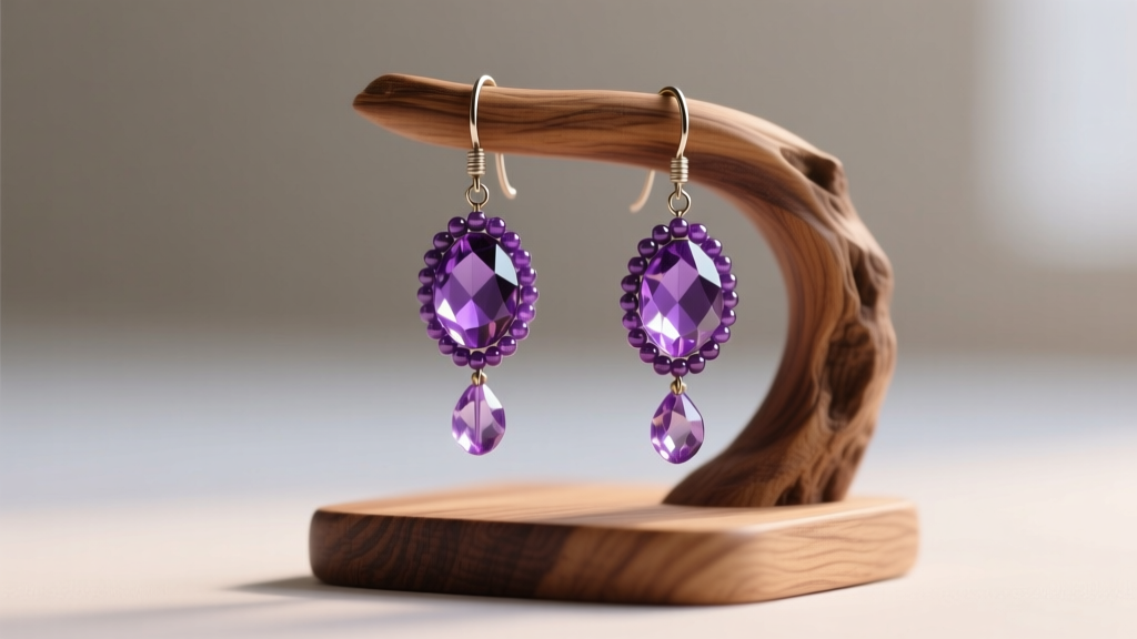 Finished pair of beaded leverback earrings featuring faceted amethyst drops hanging from a textured wooden jewelry display stand