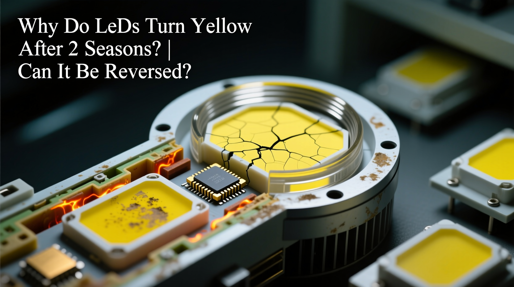 why do some led lights develop a yellow tint after two seasons and can it be reversed