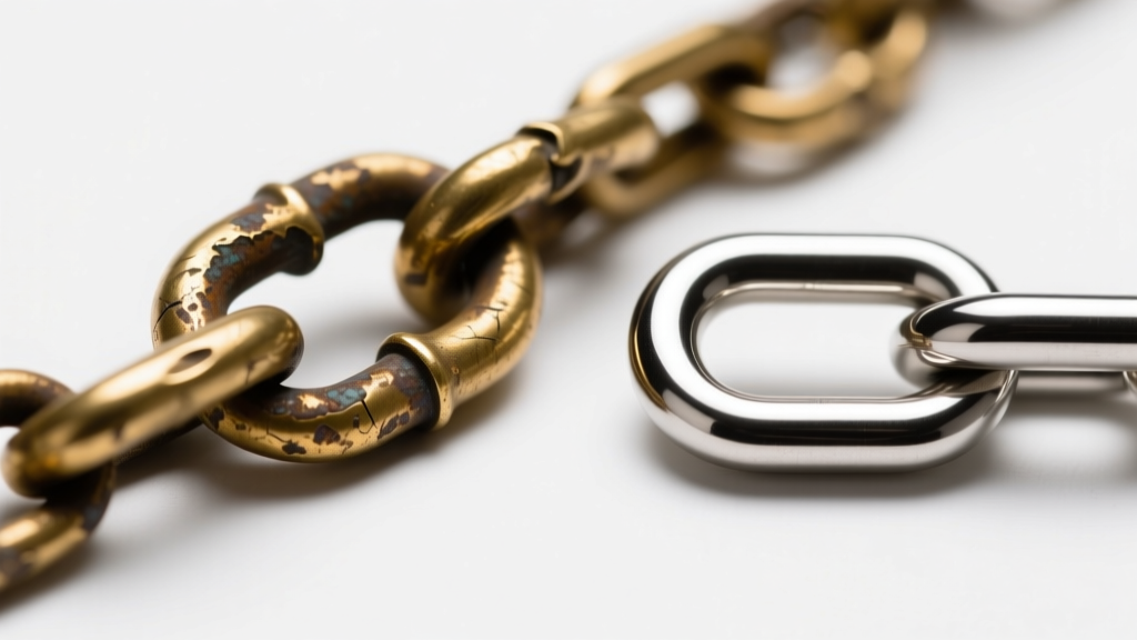 Macro photography comparing a tarnished brass rosary chain link to a bright 316L surgical steel link under studio lighting