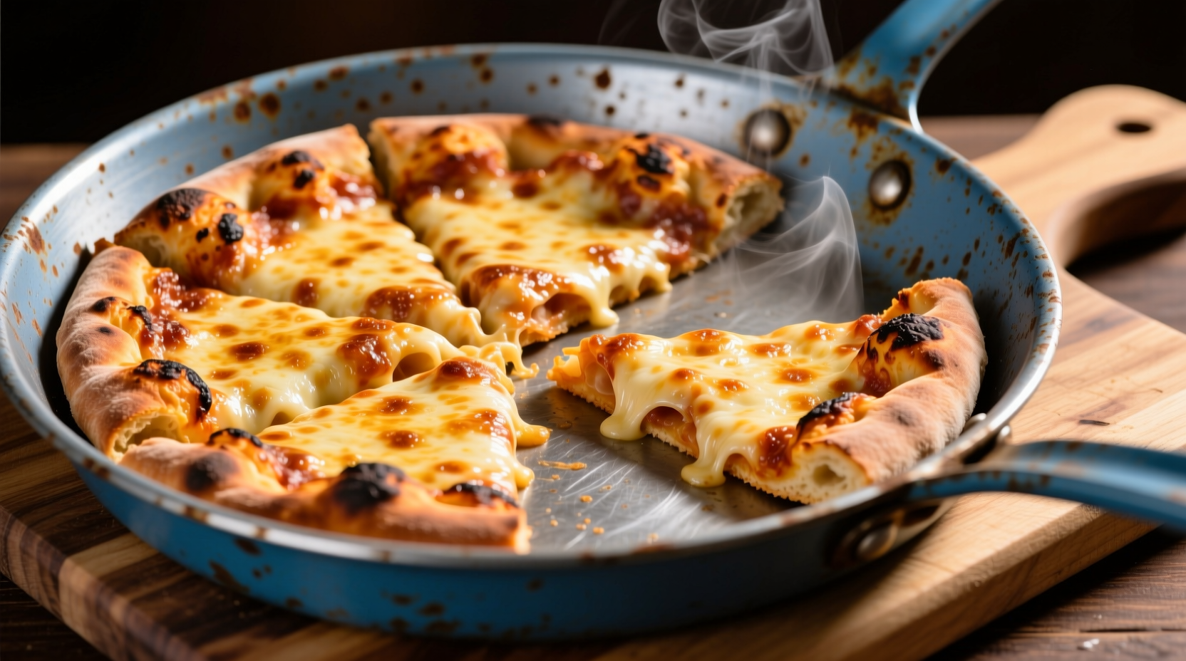 Detroit-style pizza with caramelized cheese edges in blue steel pan