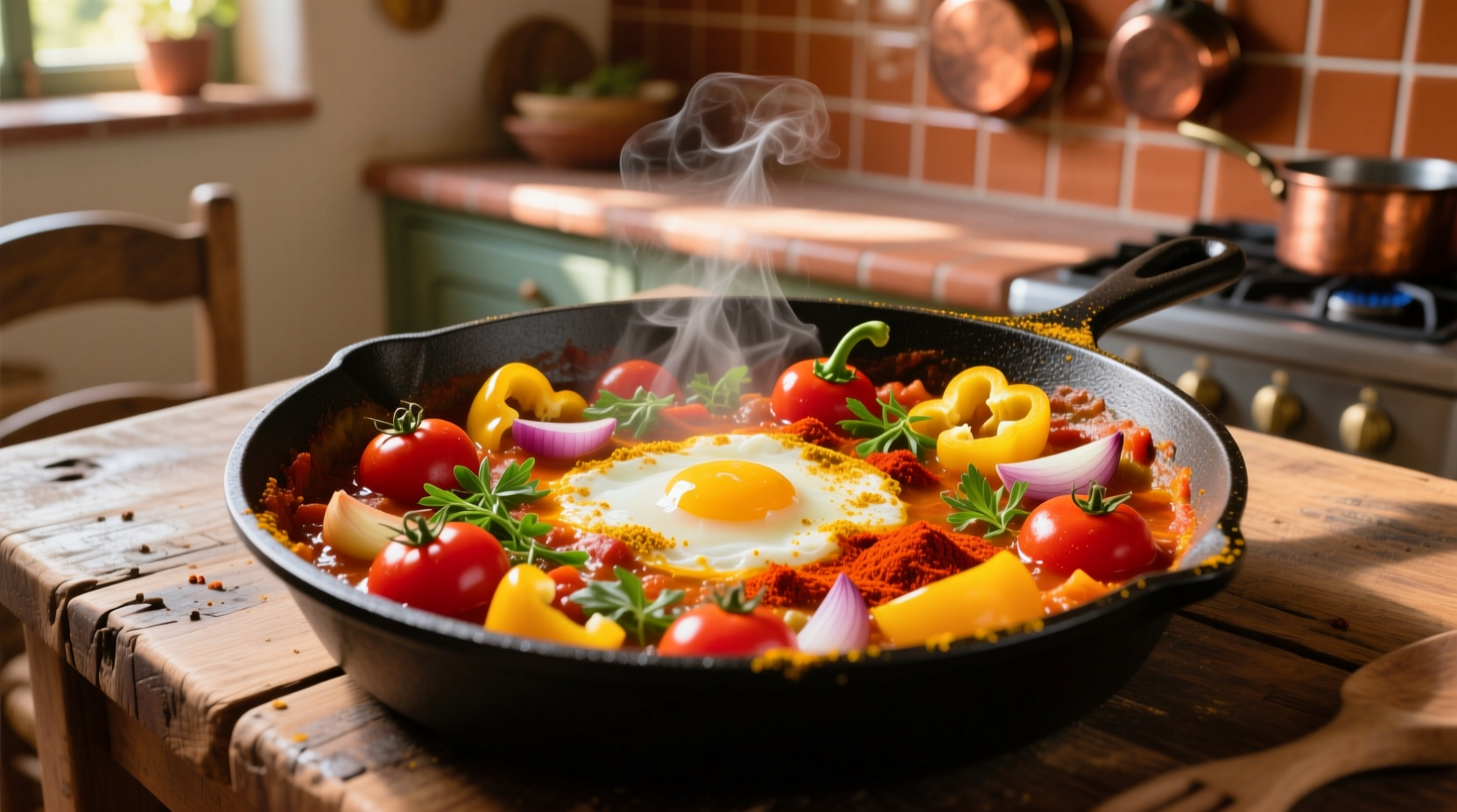 Colorful shakshuka in cast iron skillet