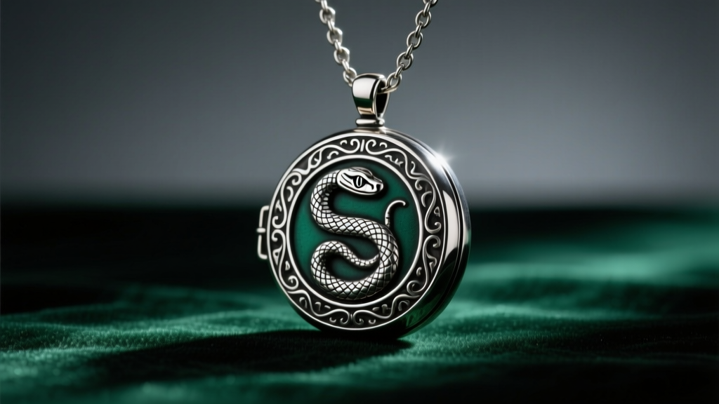 Sterling silver Slytherin locket horcrux necklace with snake engraving, displayed on dark green velvet under moody lighting.