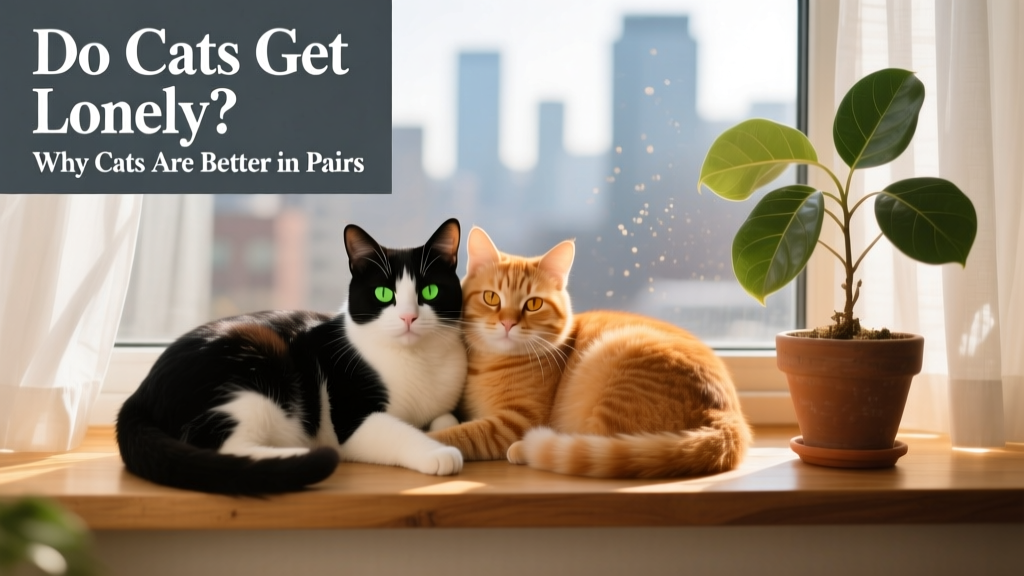 Two adult cats peacefully resting side by side on a sunlit windowsill
