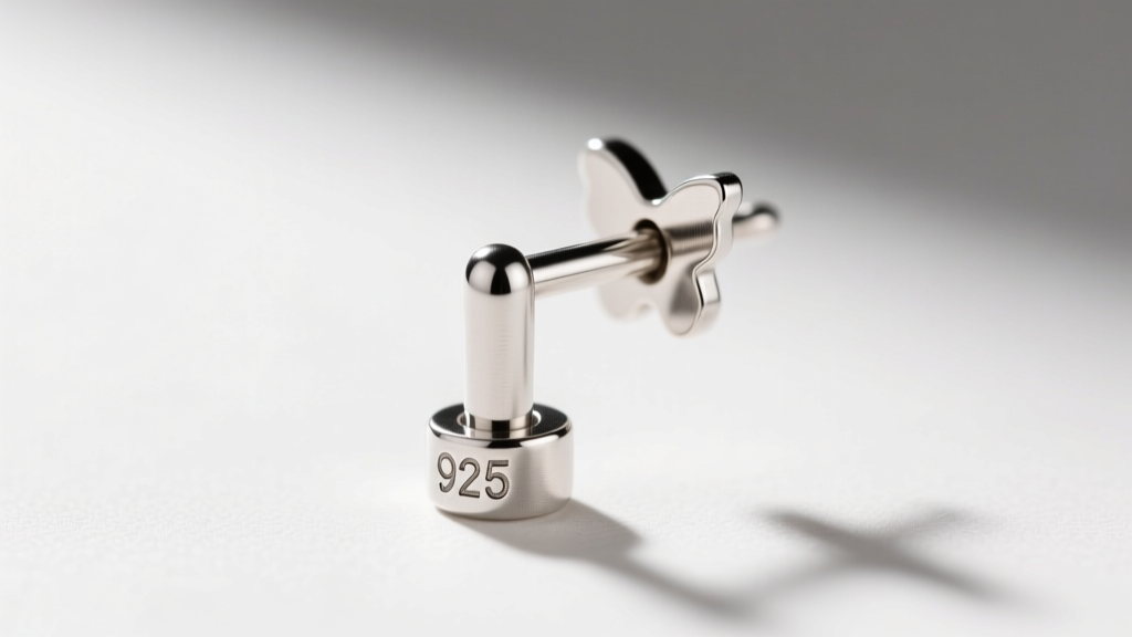 Close-up of 0.8mm sterling silver earring post with secure friction back, highlighting hallmark stamp near the butterfly clutch