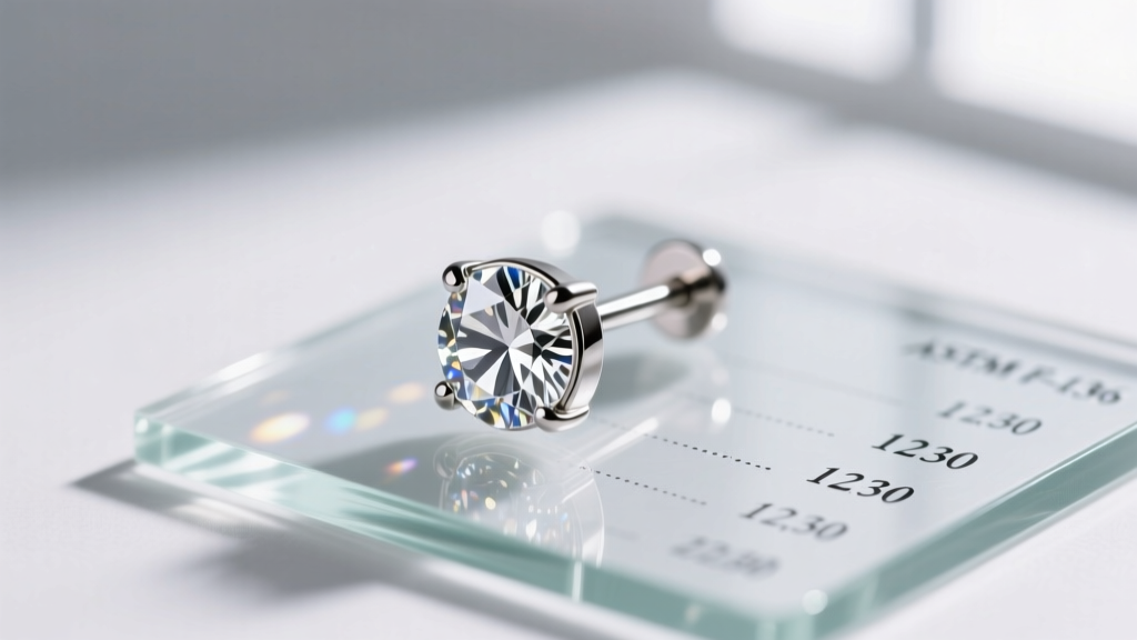 Macro shot of an ASTM F-136 titanium flat back labret earring with a bezel-set cubic zirconia resting on a glass pricing chart