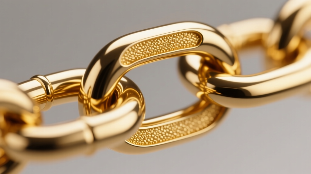 Macro shot of a 14k gold filled chain link revealing the thick gold layer over a brass core under bright studio lighting