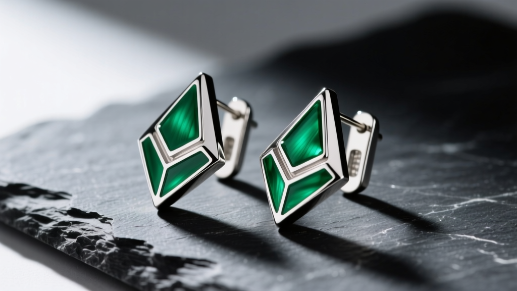 Close-up of Electric Picks Bentley drop earrings on dark slate, showing rhodium-plated geometric metal and green enamel inlays.