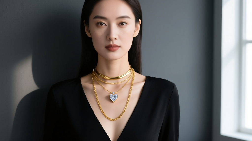 Woman wearing a layered stack with a choker, love necklace diamonds pendant, and longer gold chain against a dark V-neck top.