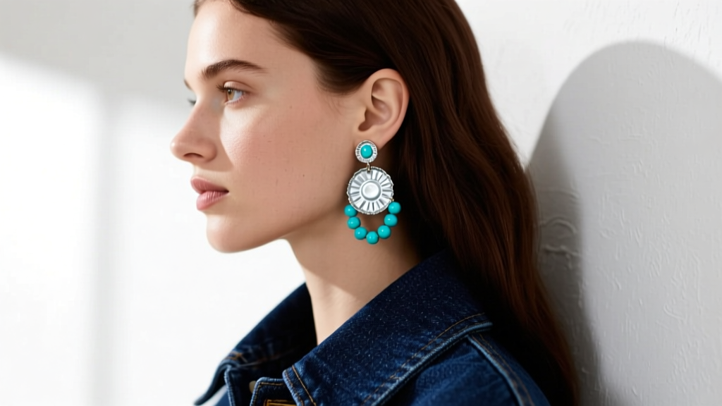 Side profile of a woman wearing soda tab earrings embellished with turquoise beads, contrasting against a dark denim jacket collar