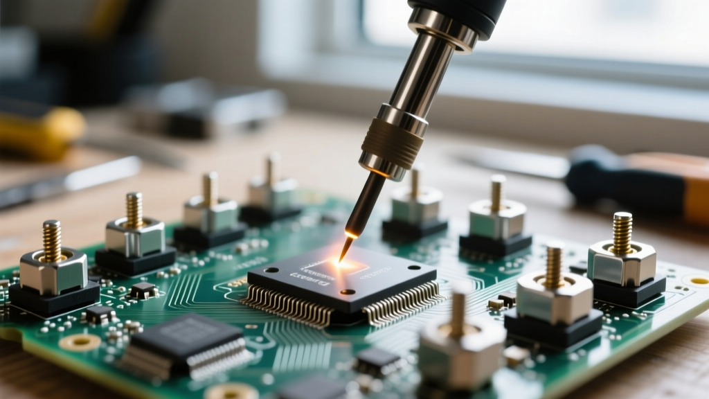 Close-up of a soldering iron on a custom PCB macro pad, surrounded by Gateron Oil King switches and Durock V2 stabilizers.