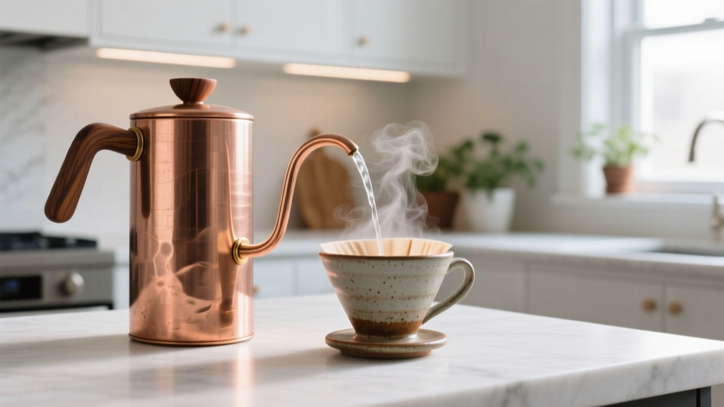 Spun copper countertop water dispenser with wooden accent lever dispensing steaming water into a handmade ceramic pour-over dripper