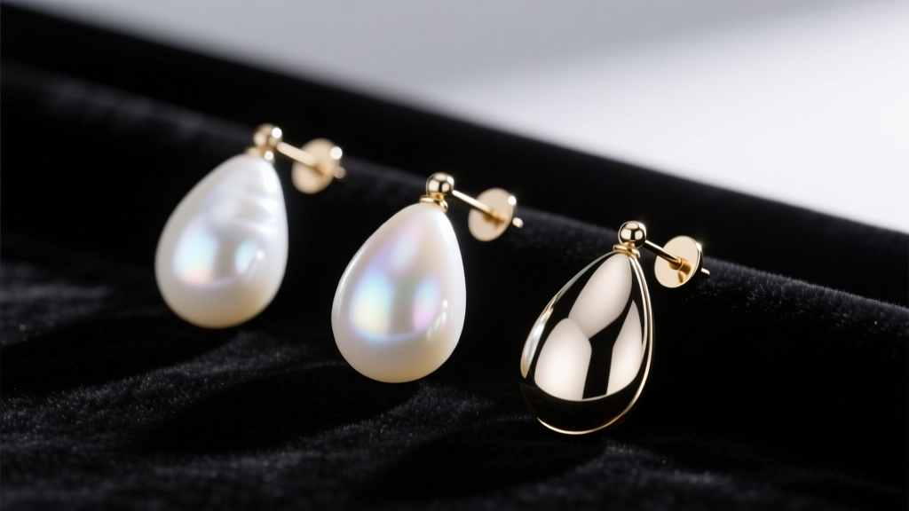 Three pearl drop earrings showing varied luster grades, from chalky white to mirror-like reflection on dark velvet