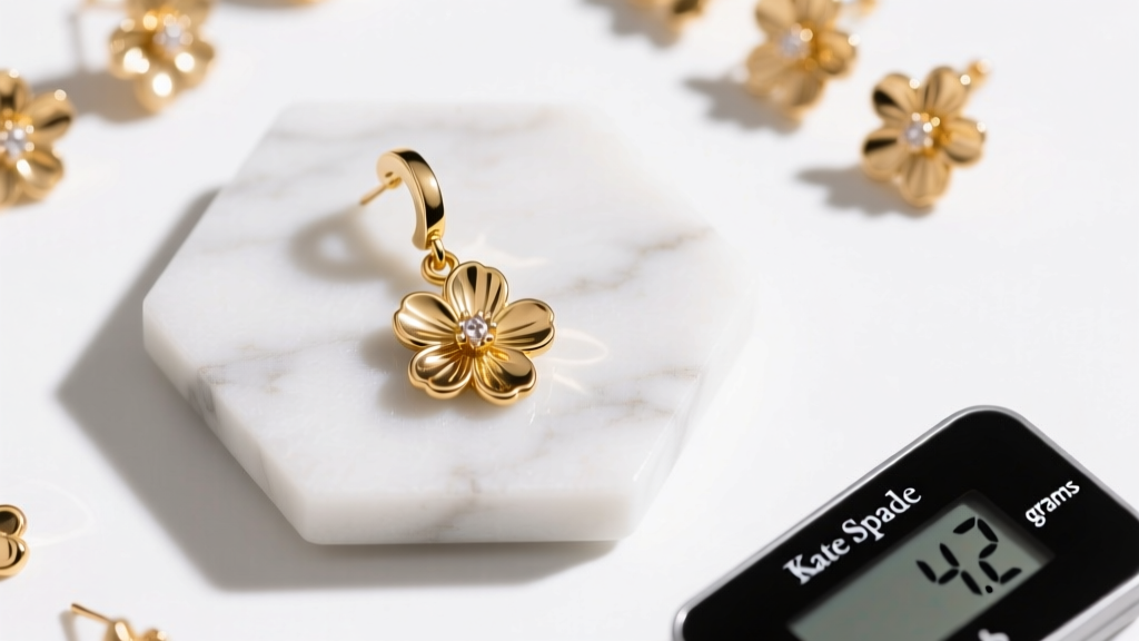 Overhead view of Kate Spade floral drops, with a digital scale showing 4.2 grams for a gold-plated brass dangle on a marble mat.