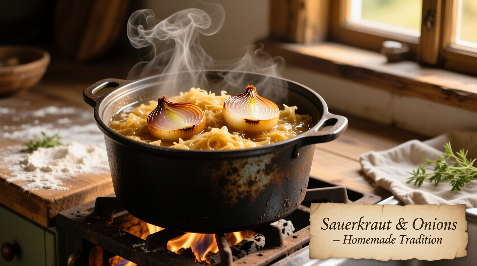 Simmering sauerkraut in cast iron pot with onions