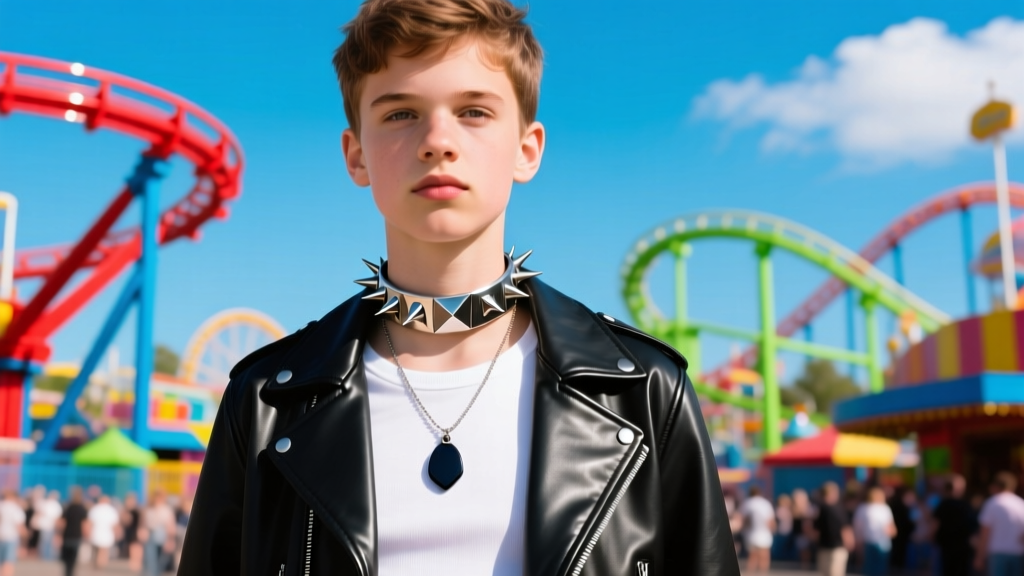 Teenager wearing a stainless steel spiked choker and dark pendant necklace over a black leather jacket at a sunny theme park.