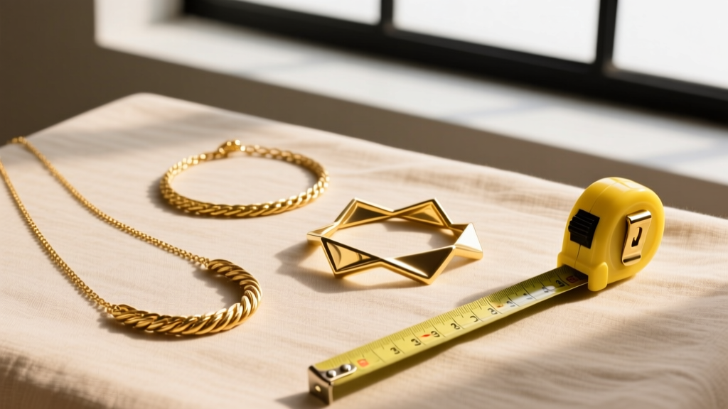 Overhead flat lay of three gold necklaces of varying lengths on beige linen next to a yellow fiberglass tailor's measuring tape.