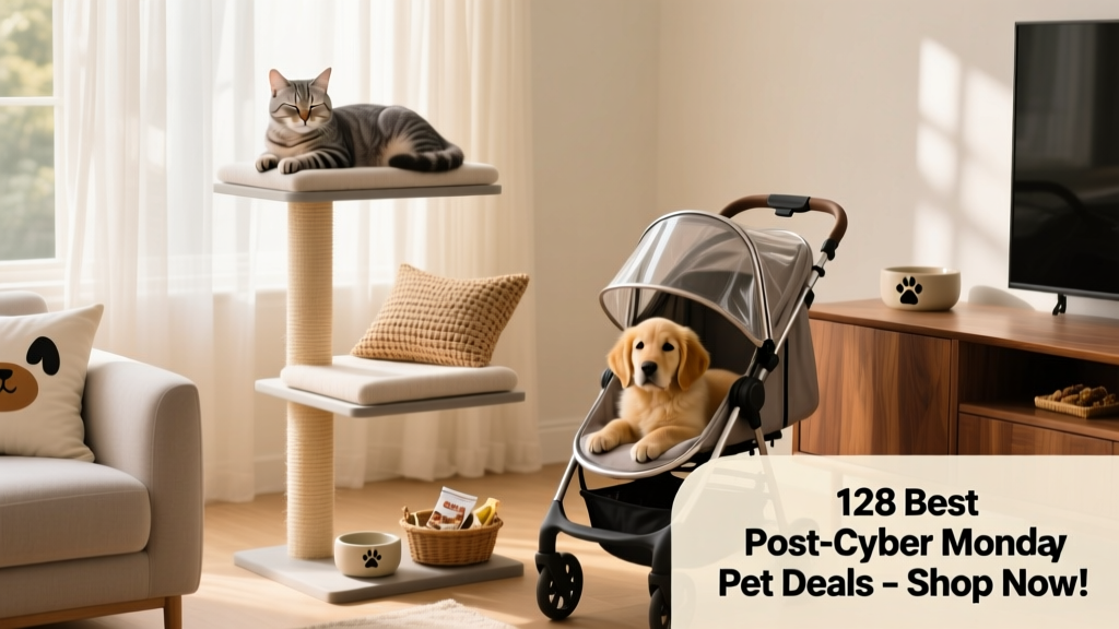 A cozy living room with a cat lounging on a stylish cat tree and a dog resting beside a sleek pet stroller