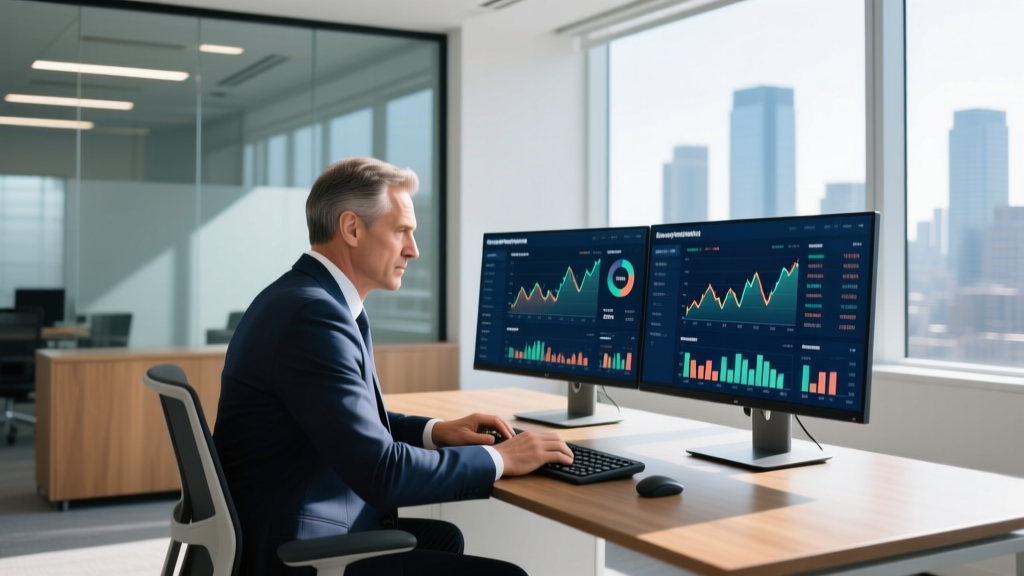 Procurement manager analyzing digital supply chain dashboards and building materials price indexes on dual monitors in office