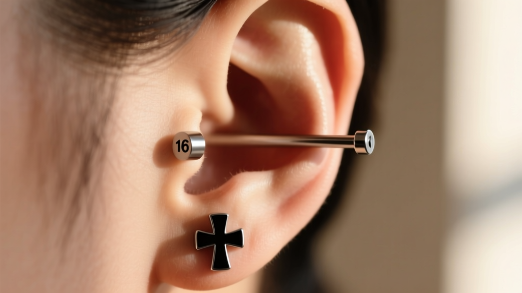 Titanium 16-gauge helix stud with a black cross, shown in profile on the ear against a softly blurred, warm neutral background.