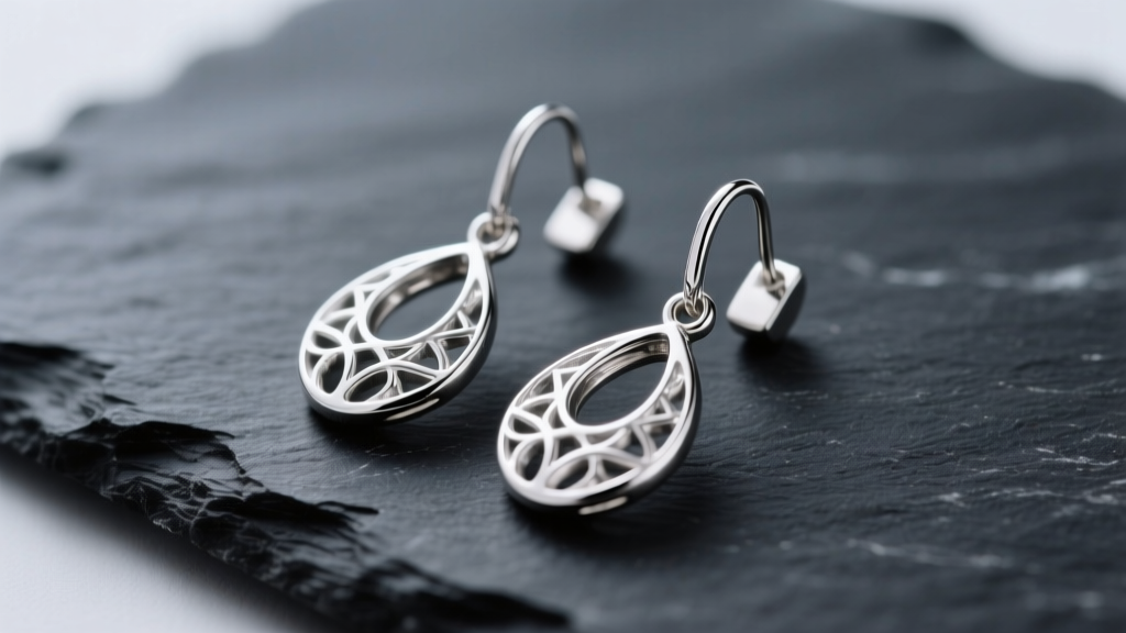 Close-up of sterling silver drop earrings on dark slate, reflecting soft studio light to highlight filigree details.