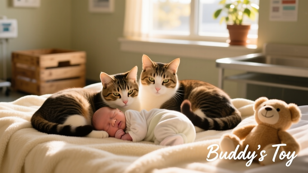 Baby resting peacefully beside two other cats in a sunlit rescue room, all curled together on a soft blanket