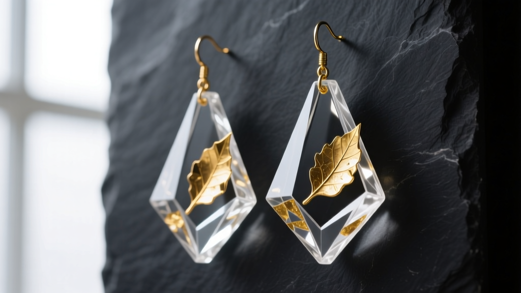 Macro photography of oversized geometric drop earrings made from crystal-clear epoxy resin with suspended gold leaf, on dark slate