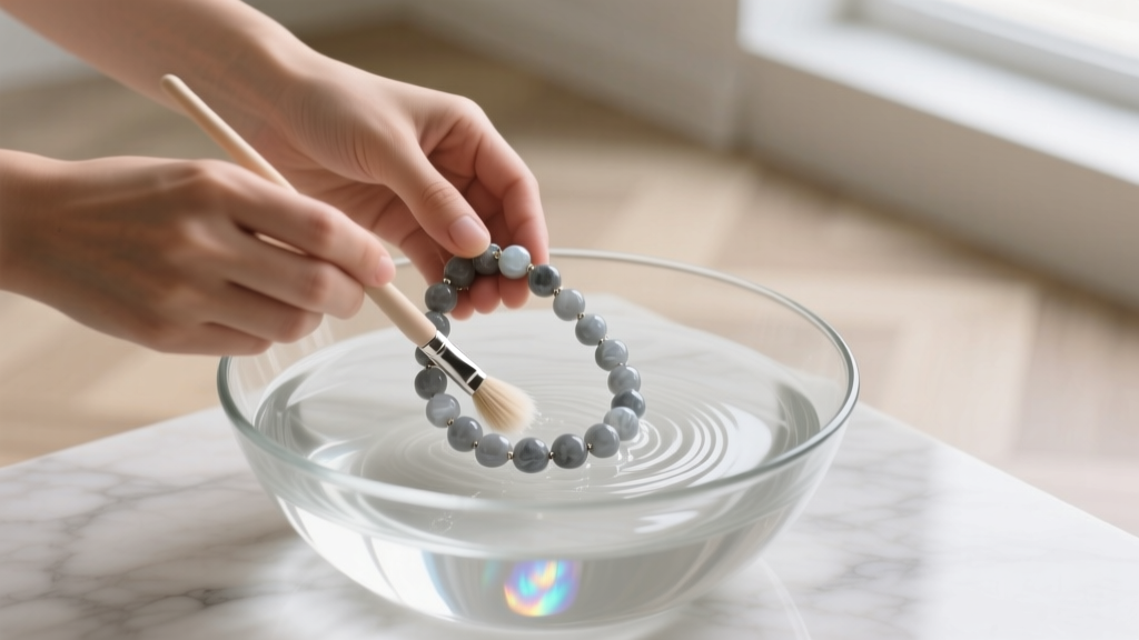 Hands gently washing a grey moonstone chain necklace in a glass bowl of lukewarm distilled water using a soft baby-hair brush
