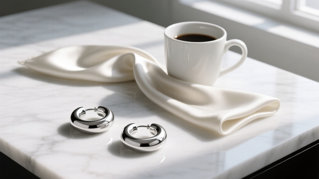 Flat lay of three sterling silver puffy hoop earrings on white marble, styled elegantly next to a folded silk scarf and coffee cup.