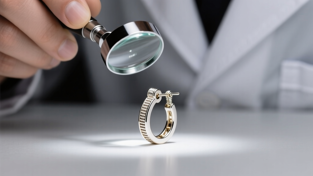 Jeweler using a loupe to inspect the tension spring inside a white gold locking earring clasp under bright LED lighting.
