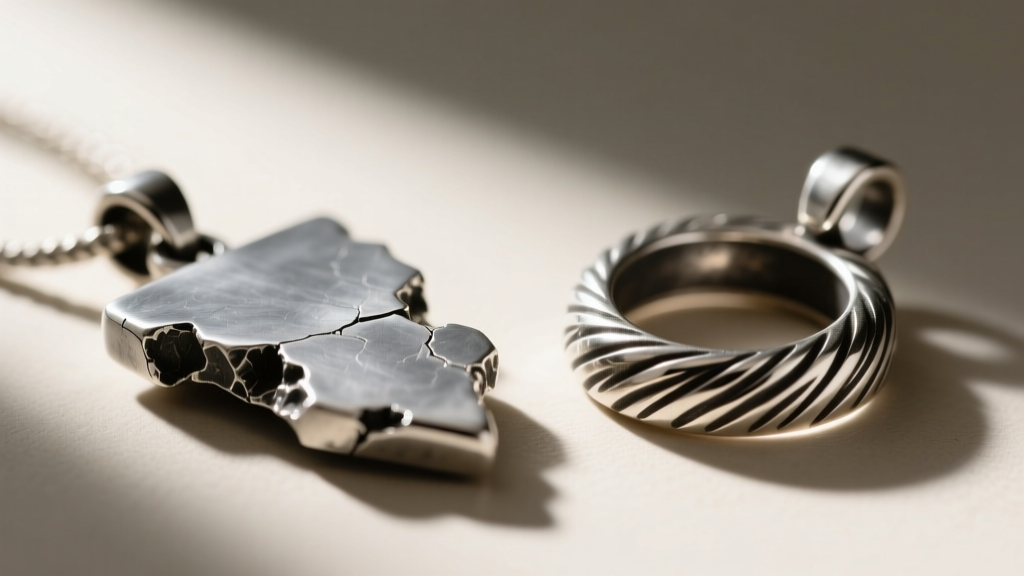 Macro shot comparing a cheap zinc alloy Talos pendant with a high-quality oxidized sterling silver replica, showing edge detailing.