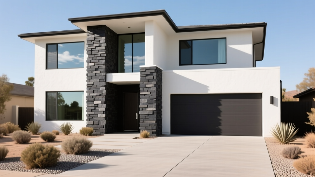 Exterior of a modern two-story home featuring dark charcoal stacked stone veneer panels installed around the entryway and garage columns
