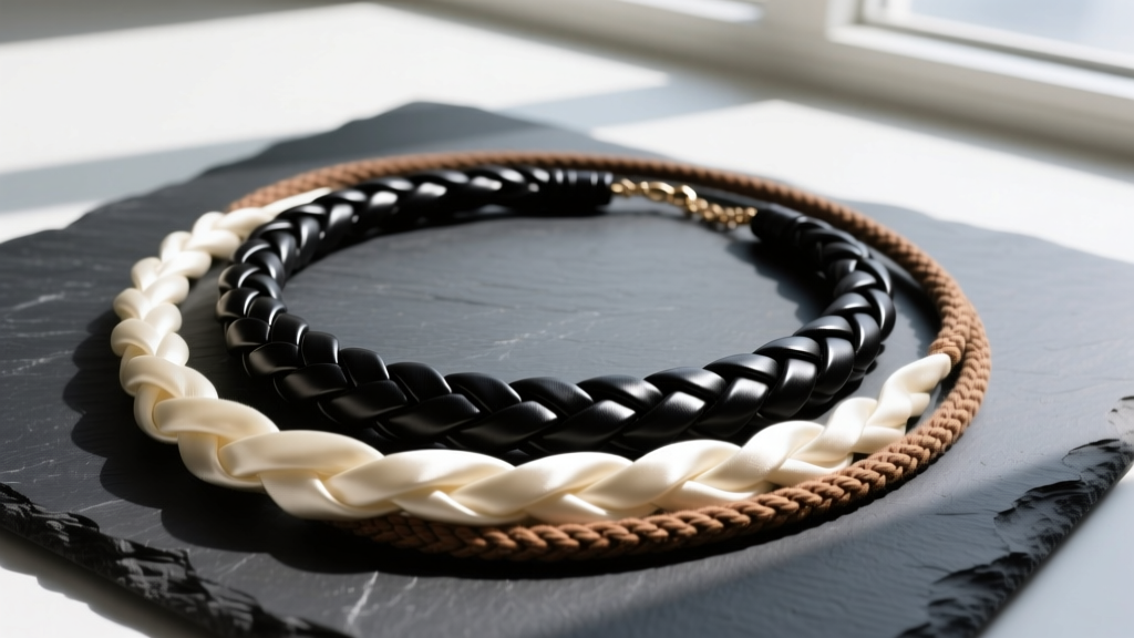 Overhead flat lay of braided black leather, cream silk, and waxed cotton necklace rope cords resting on a dark slate surface