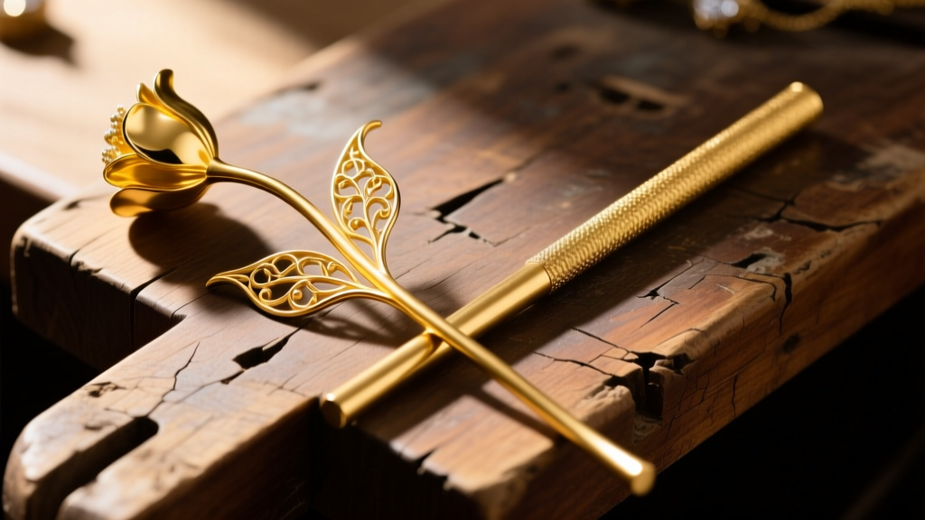 Close-up of a bent 18k gold flower stem next to a sturdy 14k gold stem resting on a scarred wooden jeweler's workbench surface.
