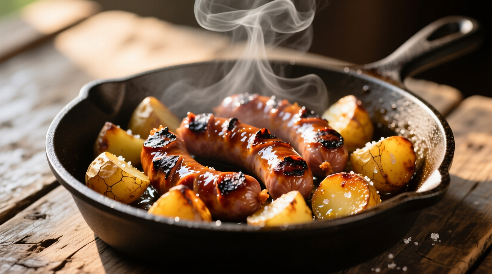 Crispy chorizo and golden potatoes in cast iron skillet