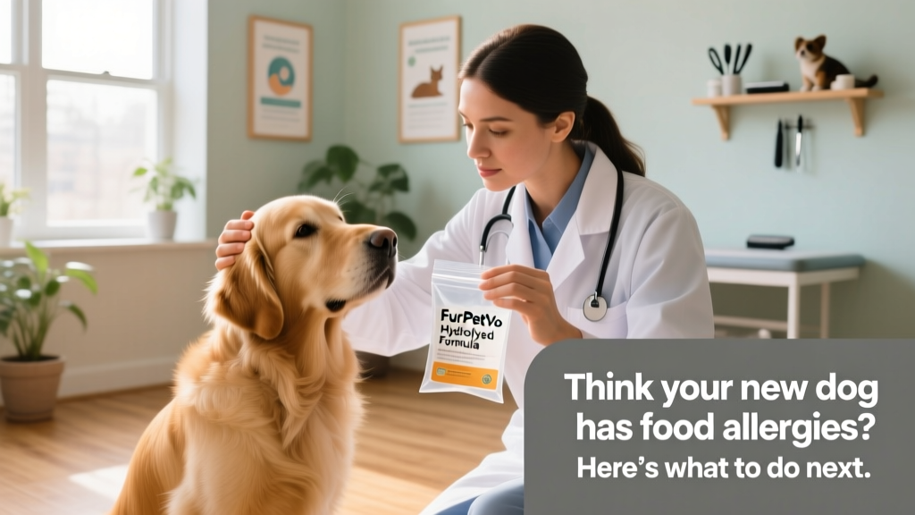 A veterinarian examining a dog while holding a sample of hypoallergenic kibble labeled 'FurPetVo Hydrolyzed Formula'