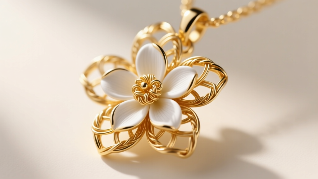 Extreme macro photograph of a gold vermeil sampaguita pendant showing intricate hand-woven filigree wirework on the flower petals