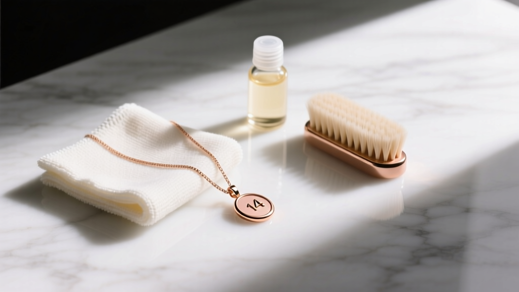 Care kit beside a 14k rose gold pendant, showing microfiber cloth, mild soap, and soft bristle brush on a white marble surface