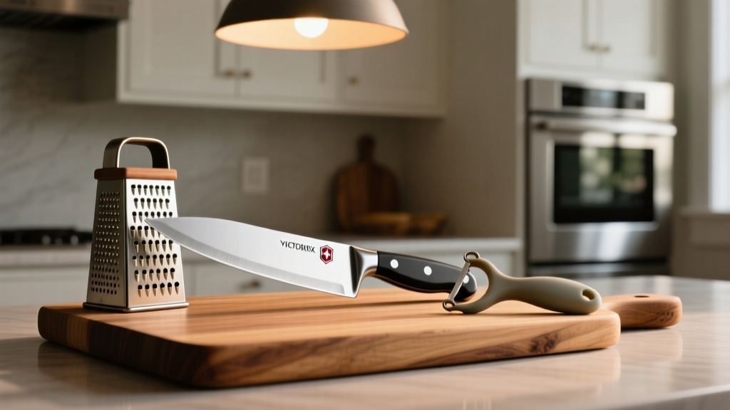 Wooden cutting board holding a Victorinox paring knife, Microplane zester, and Kuhn Rikon peeler under warm kitchen pendant lighting