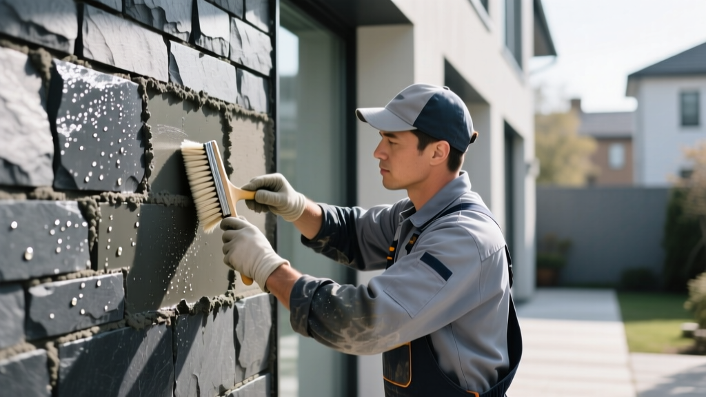 Mason using a soft bristle brush and neutral pH cleaner to scrub mortar joints on a charcoal lightweight stone veneer exterior wall.