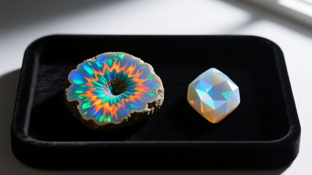 Macro shot of a natural opal with vivid fire patterns resting next to a uniform lab-created Gilson opal on a dark velvet tray.