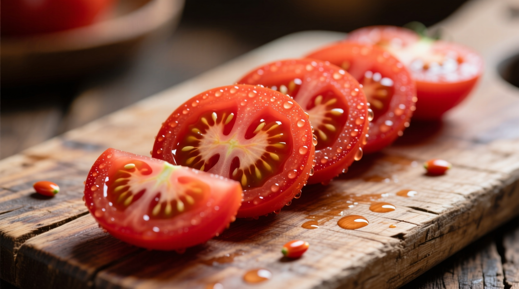 Fresh red tomato slices on cutting board